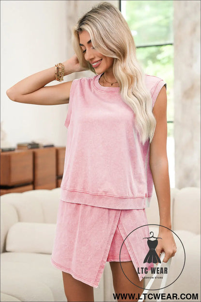 Light pink mineral wash sleeveless top and split skort set - short sets