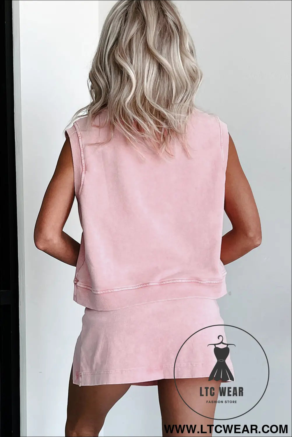 Light pink mineral wash sleeveless top and split skort set - short sets