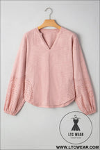Light pink notch v neck batwing sleeve patchwork blouse - 20%