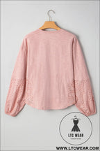 Light pink notch v neck batwing sleeve patchwork blouse - 20%