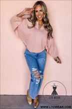 Light pink notch v neck batwing sleeve patchwork blouse - 20%
