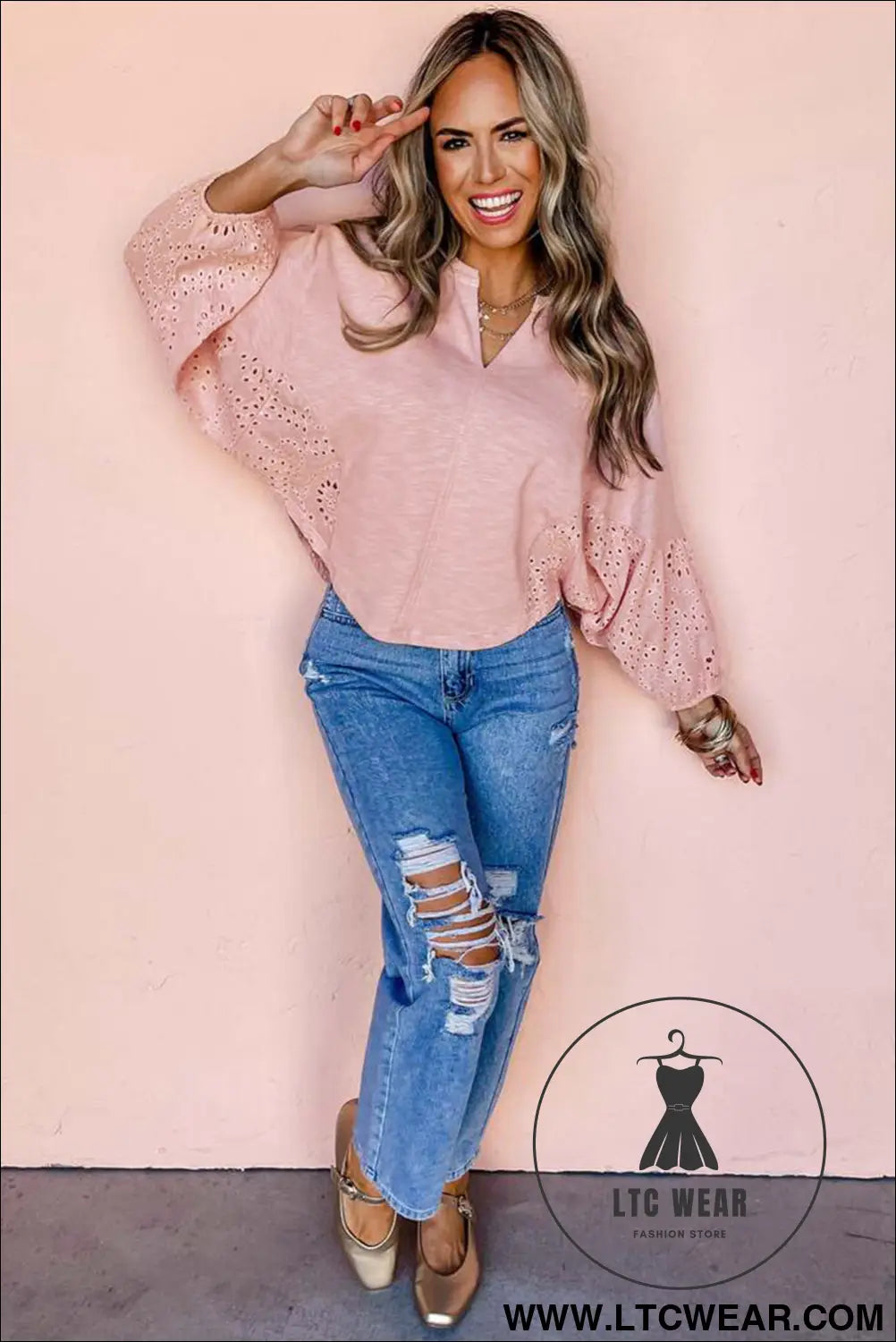 Light pink notch v neck batwing sleeve patchwork blouse - 20%