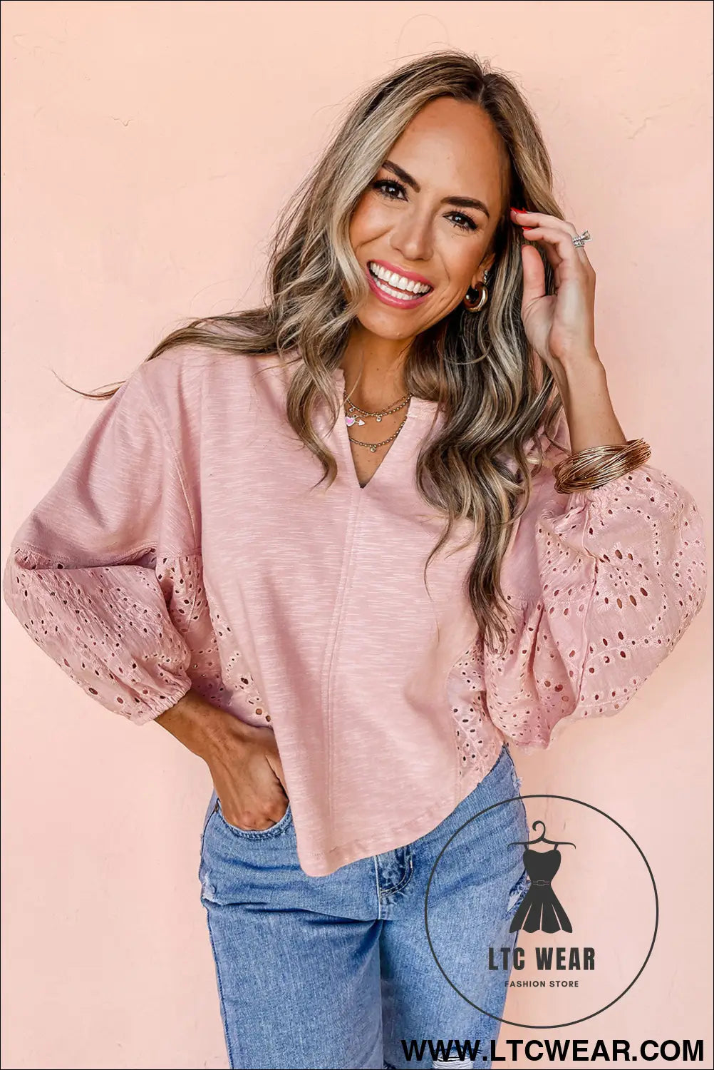 Light pink notch v neck batwing sleeve patchwork blouse - 20%