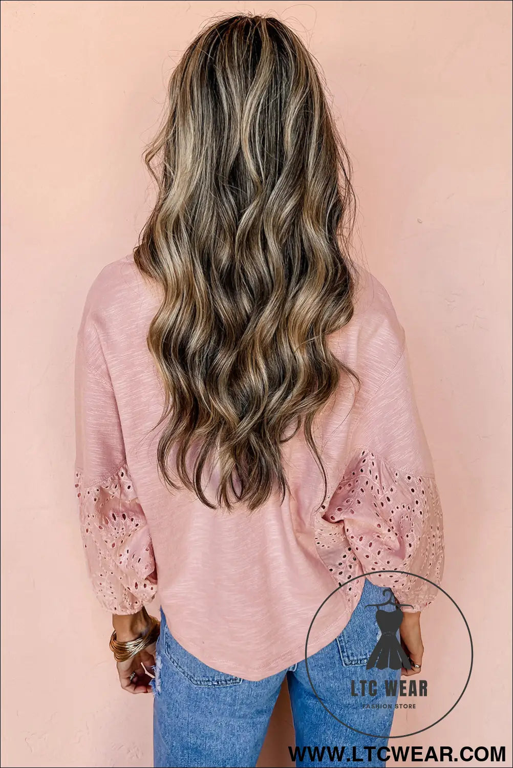 Light pink notch v neck batwing sleeve patchwork blouse - 20%