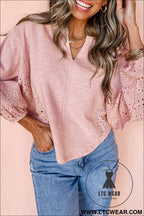 Light pink notch v neck batwing sleeve patchwork blouse - light pink / l / 100% cotton - 20%