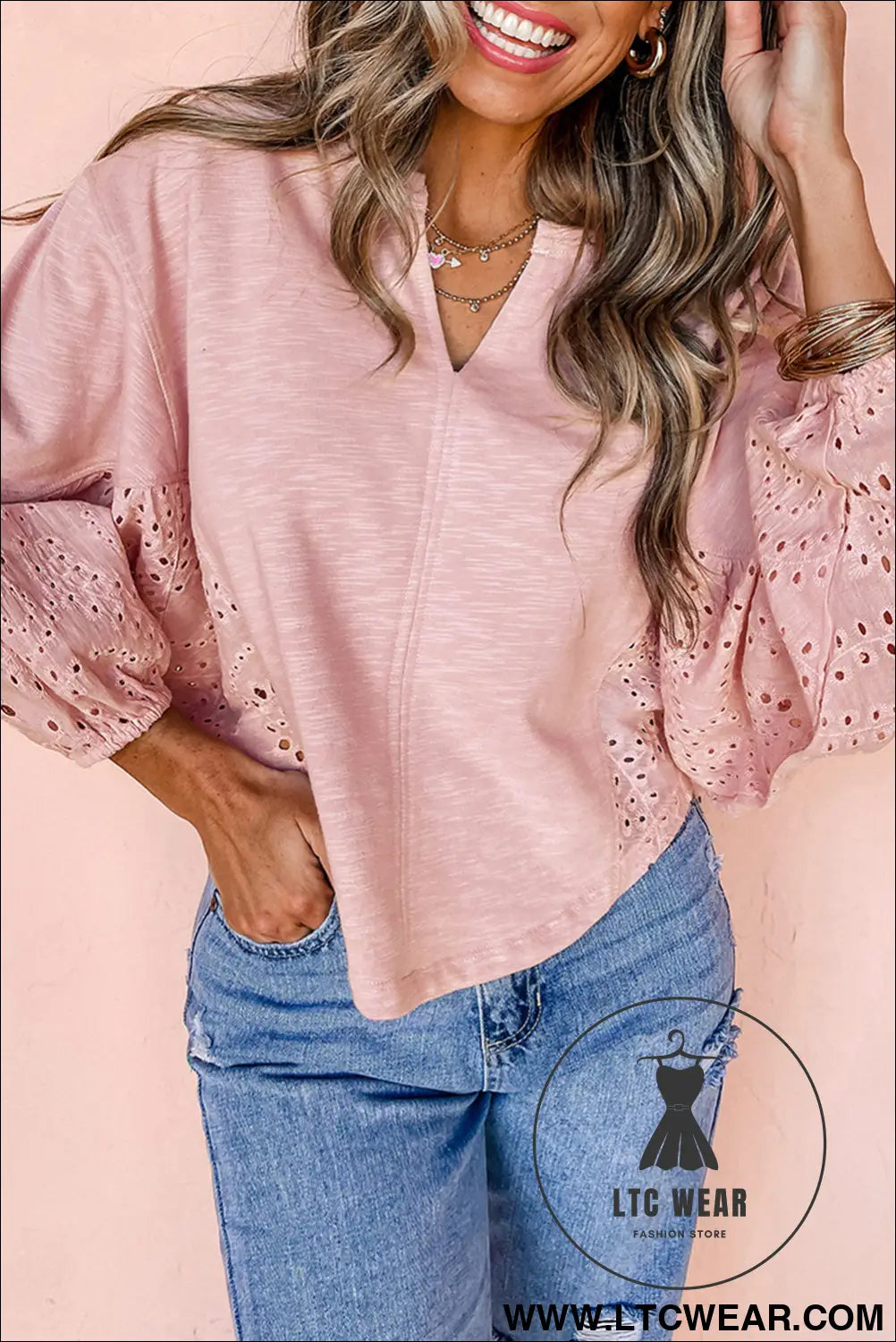 Light pink notch v neck batwing sleeve patchwork blouse - light pink / l / 100% cotton - 20%