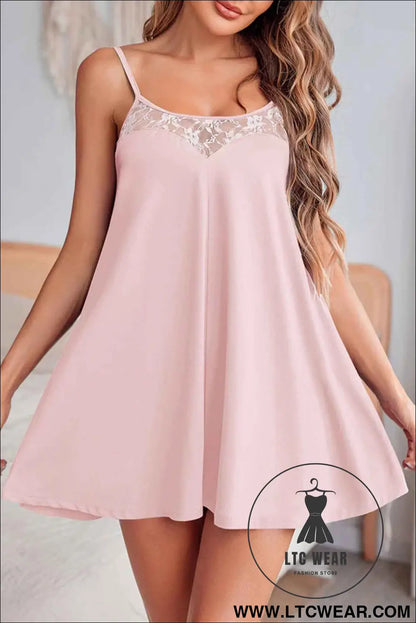Light Pink Sheer Lace Patchwork Camisole Nightgown Dress