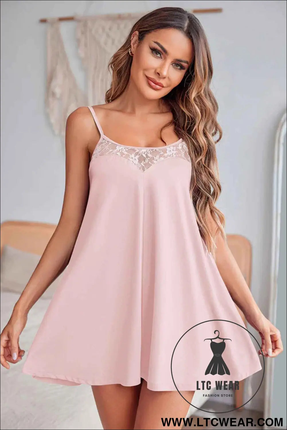 Light Pink Sheer Lace Patchwork Camisole Nightgown Dress