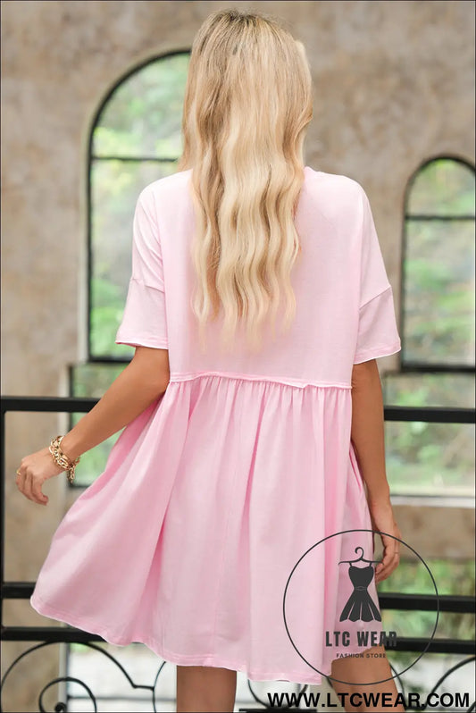 Light Pink Solid Color Pocket Raw Edge Babydoll Dress