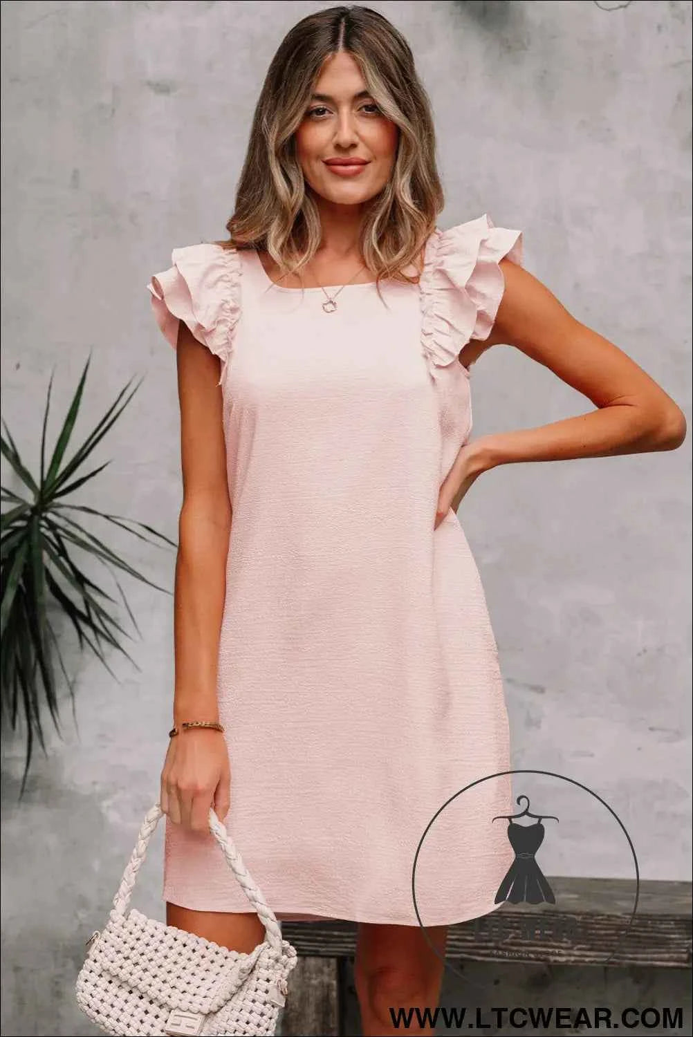 Light Pink Textured Flutter Sleeve Square Neck Bow Back Mini Dress