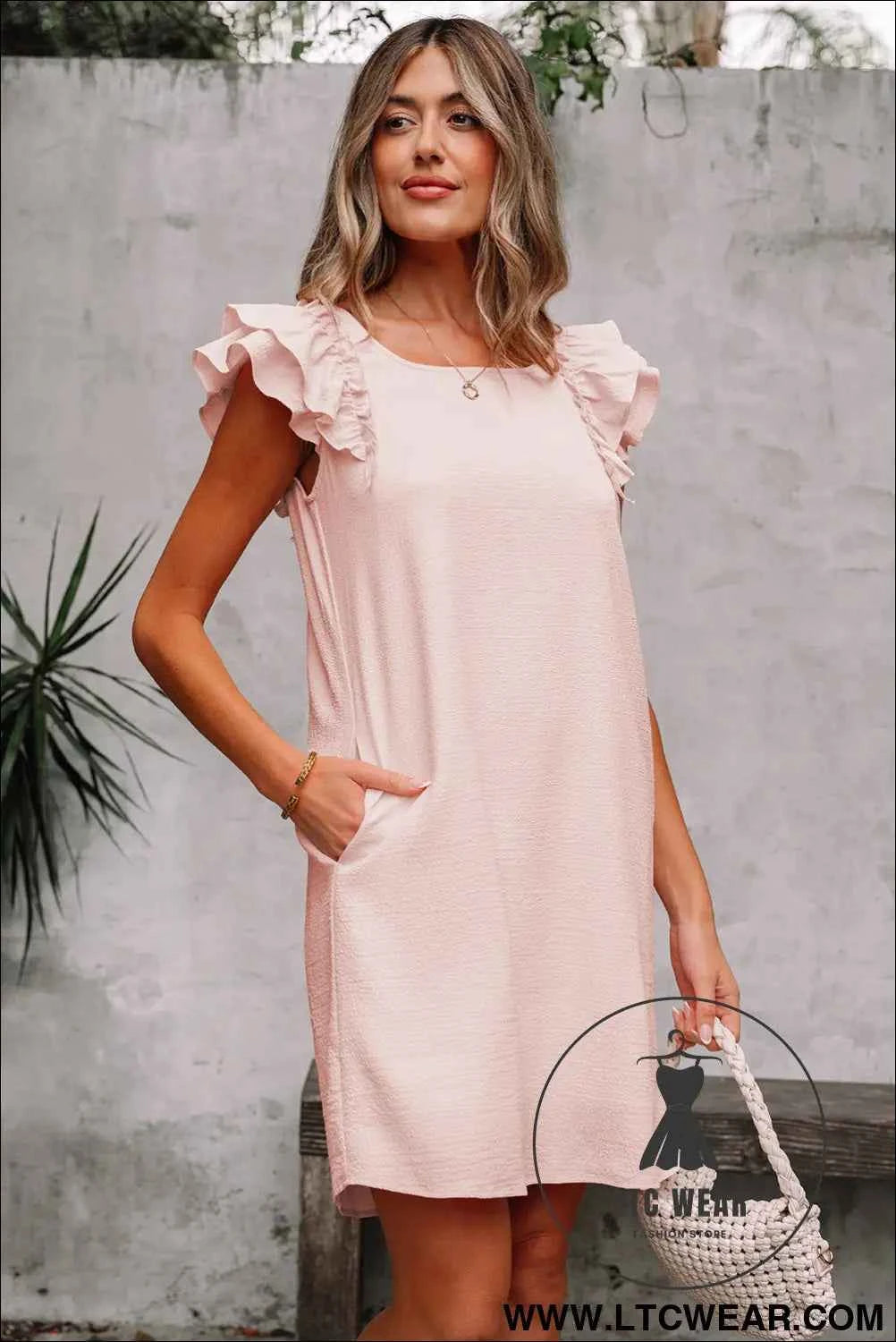 Light Pink Textured Flutter Sleeve Square Neck Bow Back Mini Dress