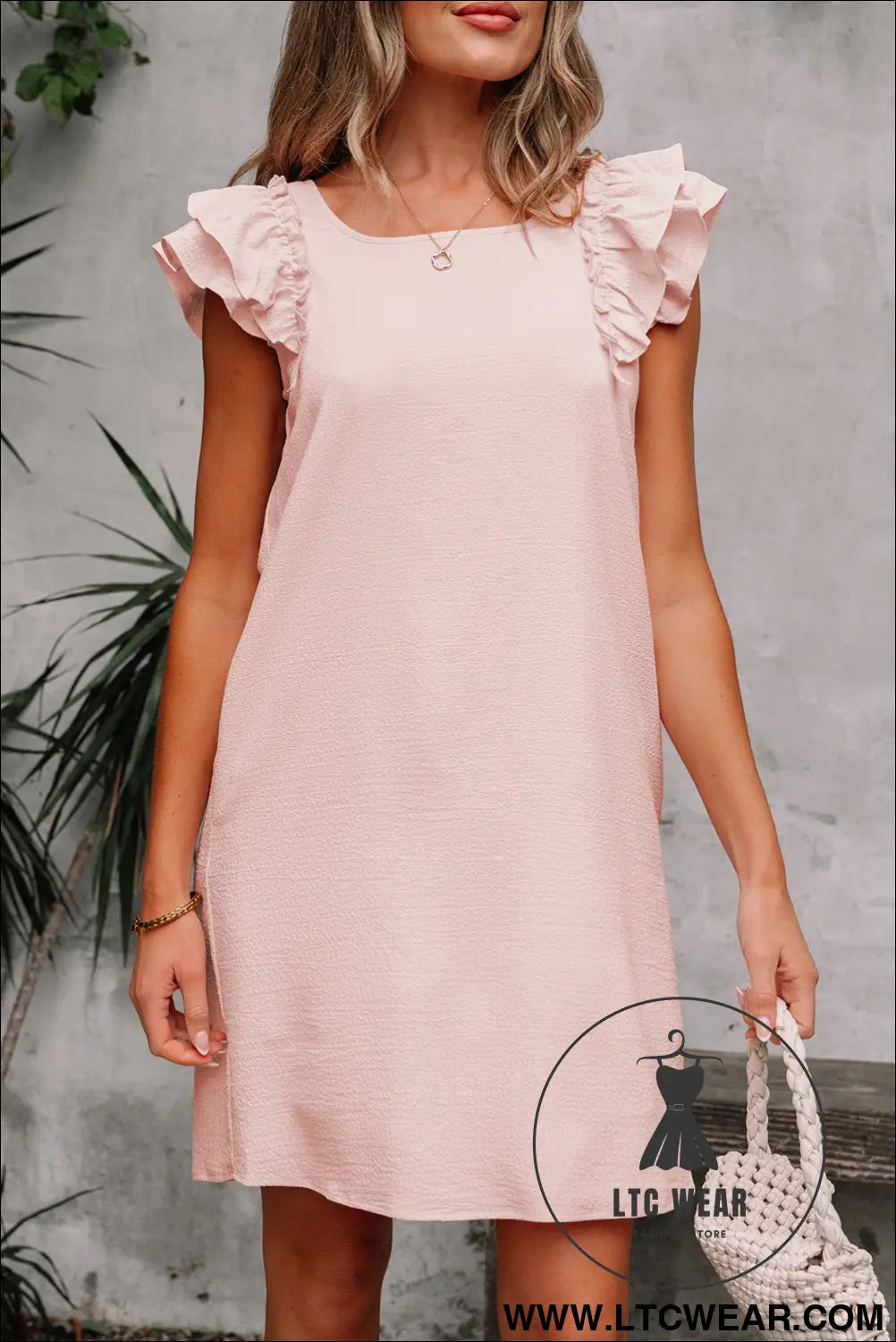 Light Pink Textured Flutter Sleeve Square Neck Bow Back Mini Dress - L.T.C Wear Online Fashion Store