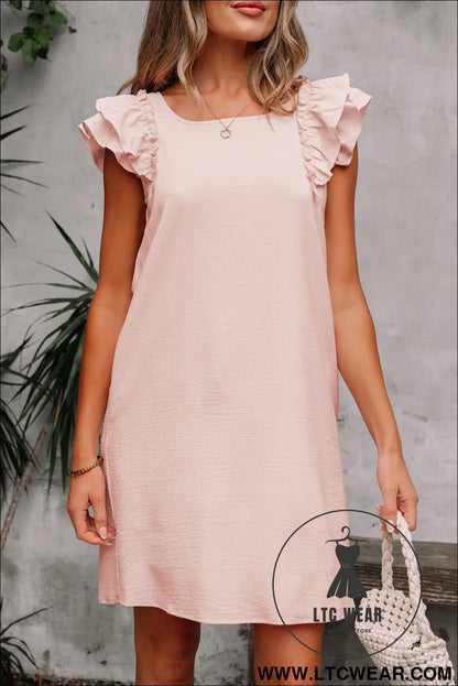 Light Pink Textured Flutter Sleeve Square Neck Bow Back Mini Dress - L.T.C Wear Online Fashion Store