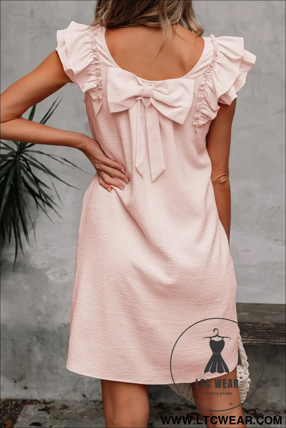 Light Pink Textured Flutter Sleeve Square Neck Bow Back Mini Dress - L.T.C Wear Online Fashion Store
