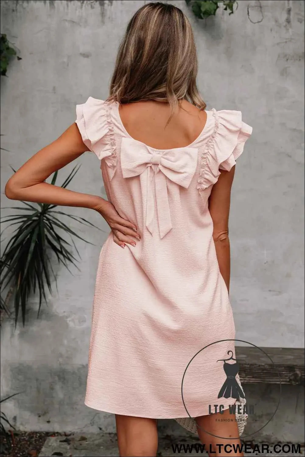 Light Pink Textured Flutter Sleeve Square Neck Bow Back Mini Dress