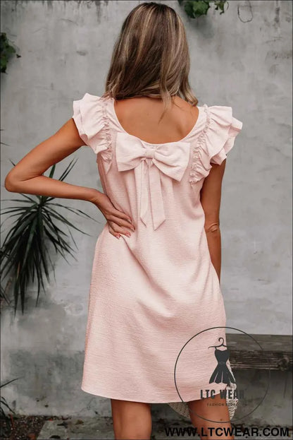 Light Pink Textured Flutter Sleeve Square Neck Bow Back Mini Dress