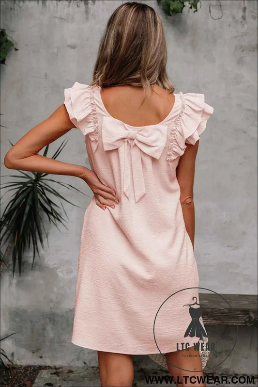 Light Pink Textured Flutter Sleeve Square Neck Bow Back Mini Dress