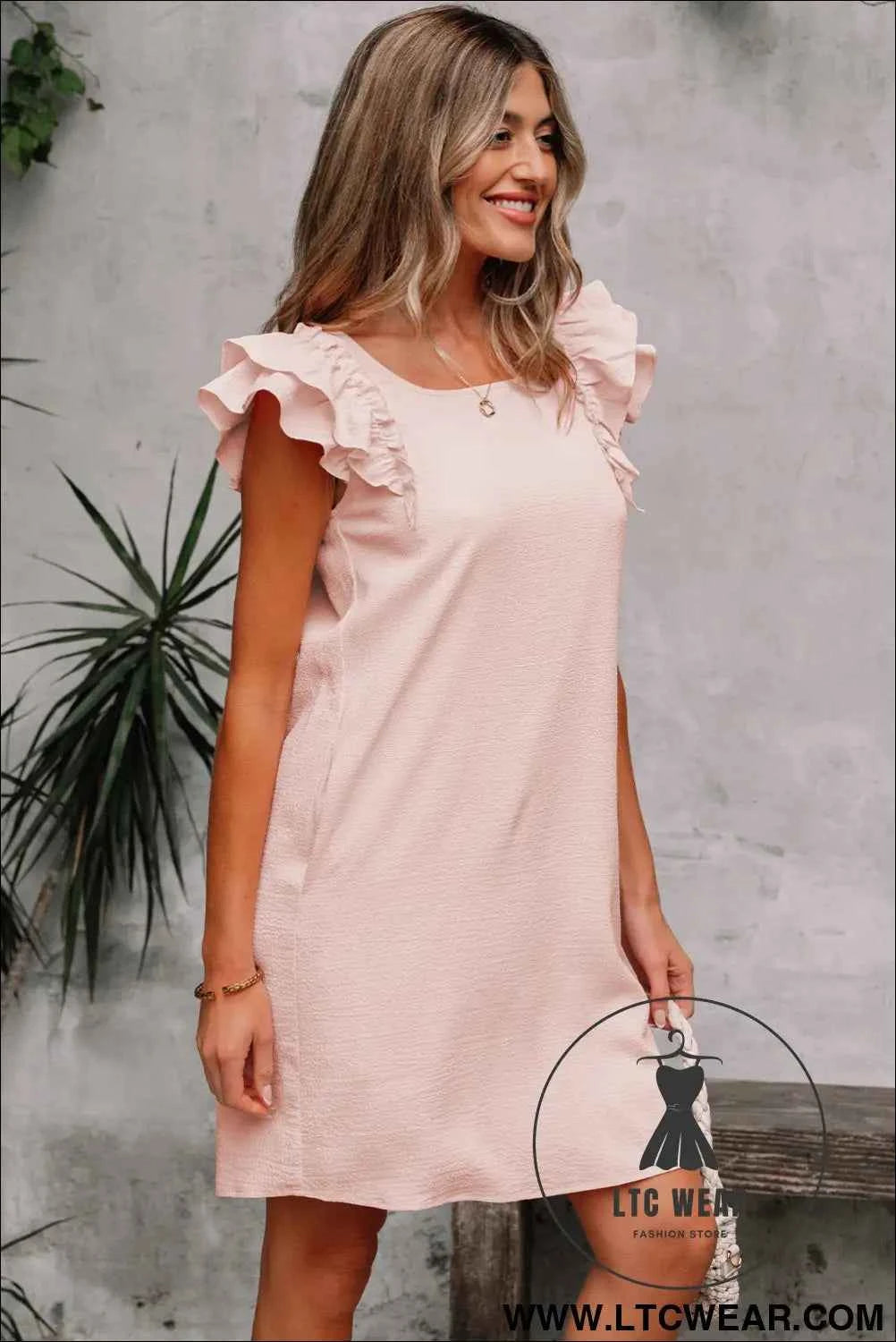 Light Pink Textured Flutter Sleeve Square Neck Bow Back Mini Dress