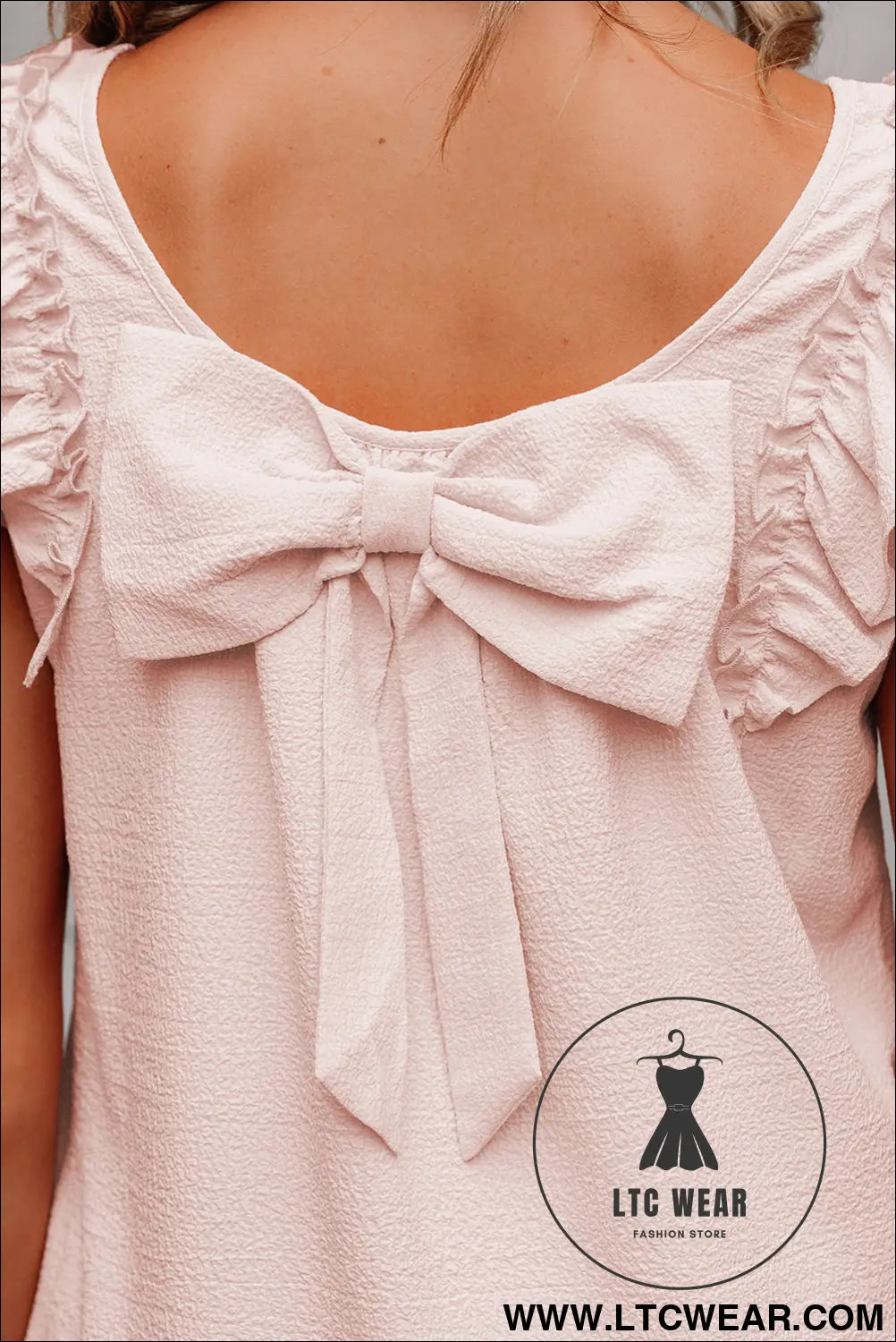 Light Pink Textured Flutter Sleeve Square Neck Bow Back Mini Dress - L.T.C Wear Online Fashion Store