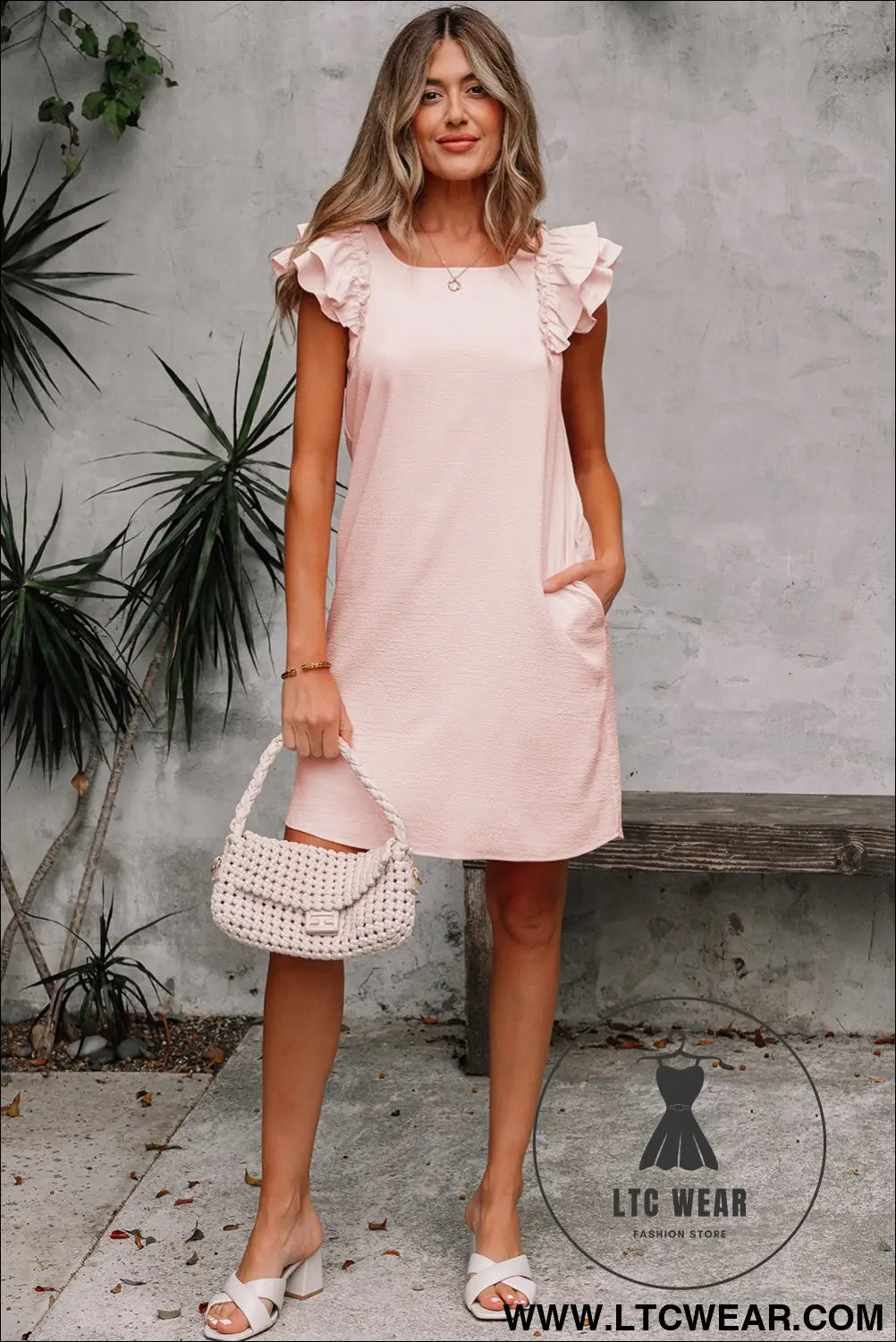 Light Pink Textured Flutter Sleeve Square Neck Bow Back Mini Dress - L.T.C Wear Online Fashion Store