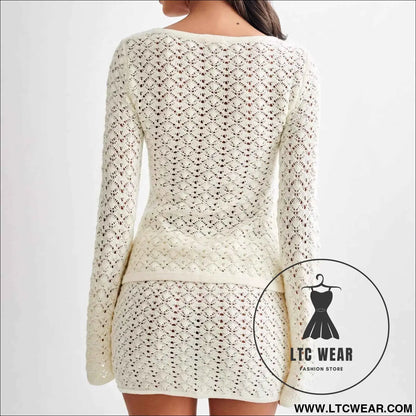 Long Sleeve Cardigan with A-Line Skirt Two-Piece Sweater Set