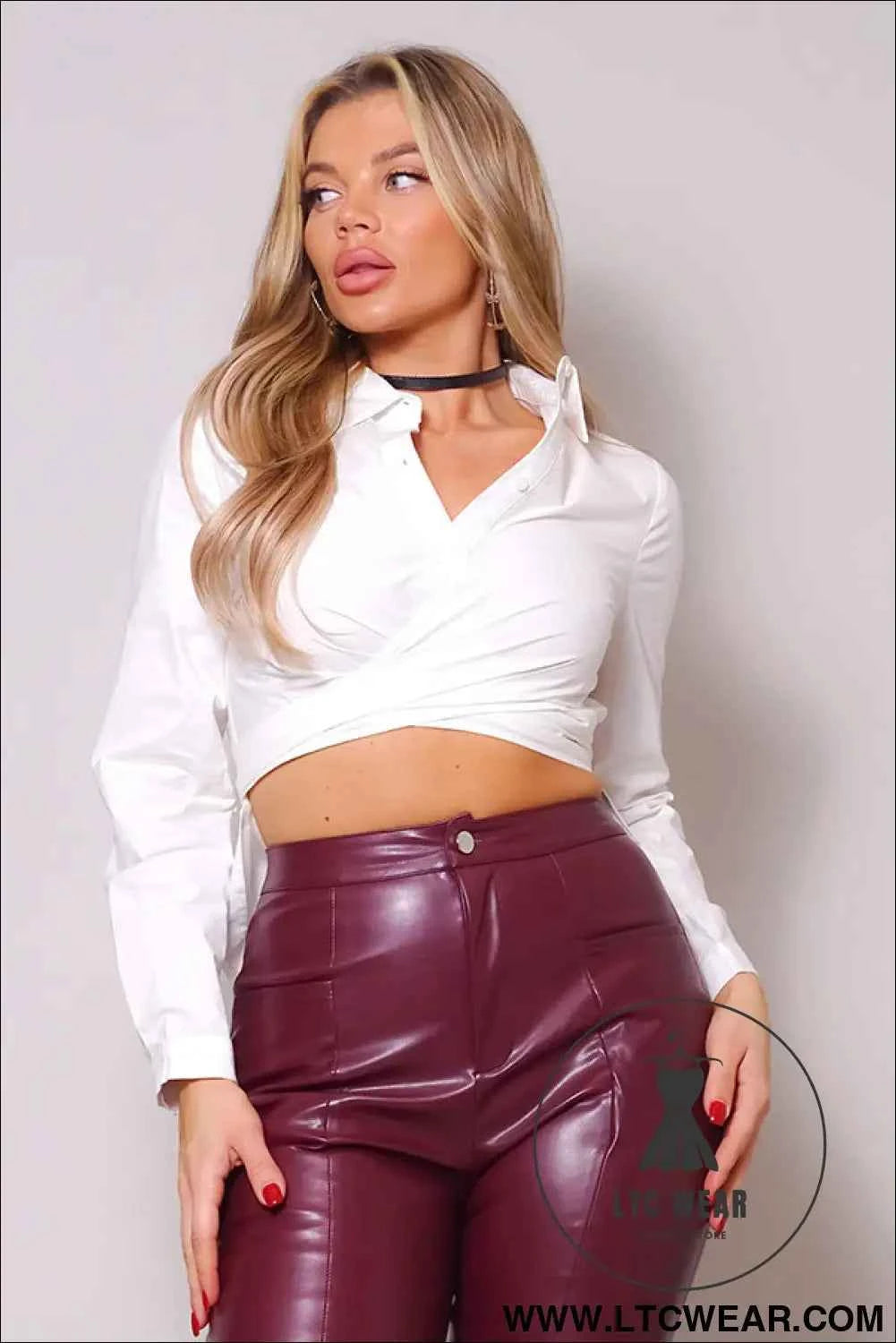 Long Sleeve Crossed Front Back Tie Button Down Cropped Shirt