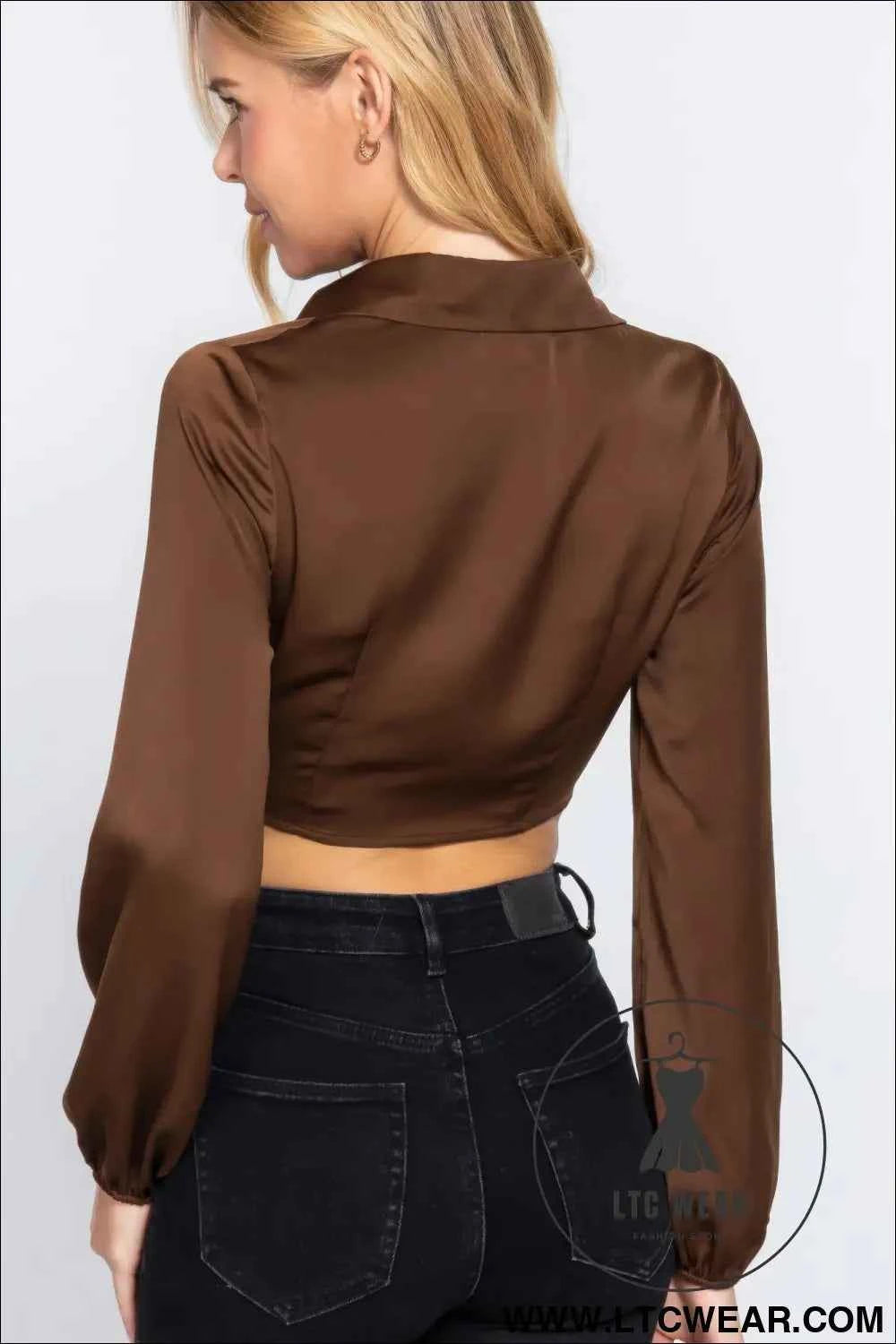 Long Sleeve Notched Collar Front Twisted Detail Crop Woven Top