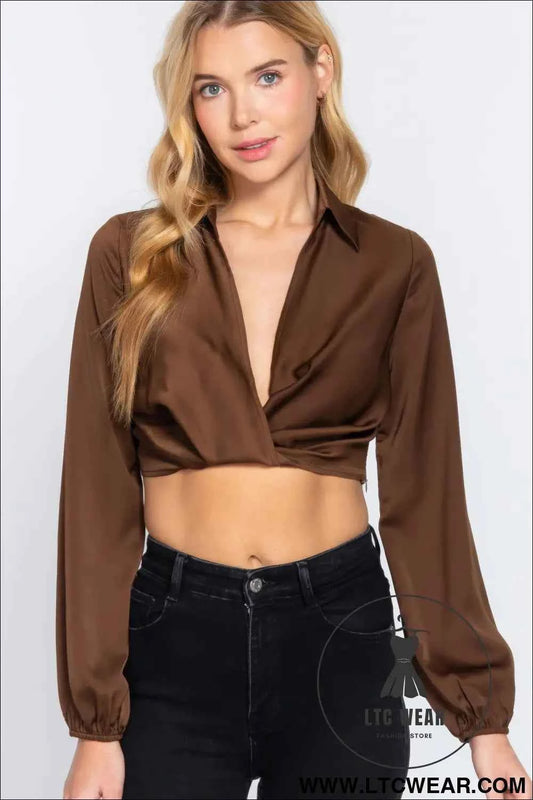 Long Sleeve Notched Collar Front Twisted Detail Crop Woven Top