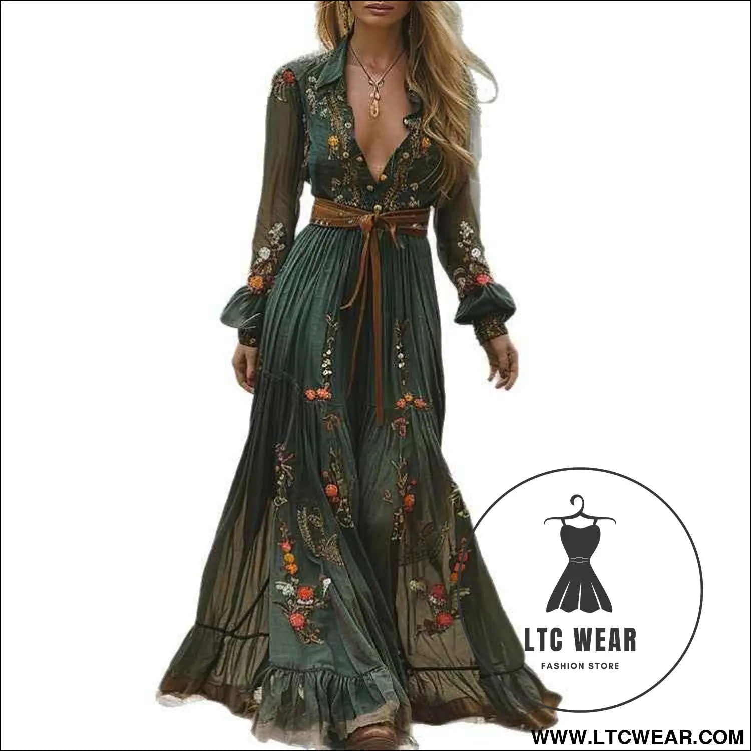 Long Sleeve Printed Maxi Dress with Shirt Collar for Women
