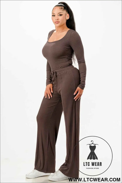 Long Sleeve Ribbed Bodysuit And Pants Set