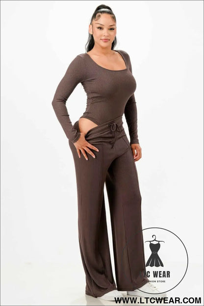 Long Sleeve Ribbed Bodysuit And Pants Set