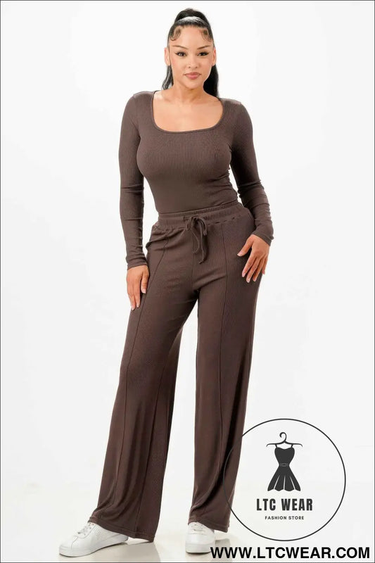 Long Sleeve Ribbed Bodysuit And Pants Set