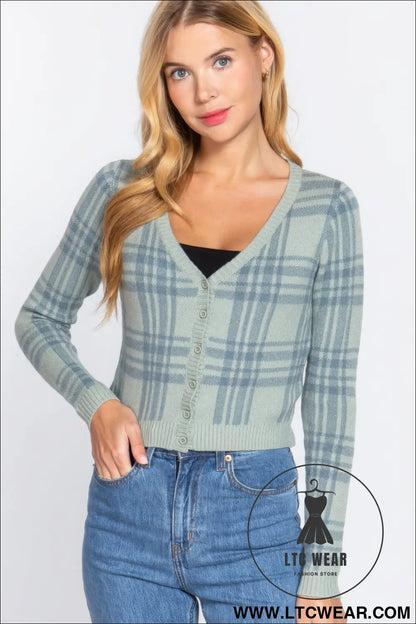 Long Sleeve V-neck Fitted Button Down Plaid Sweater Cardigan