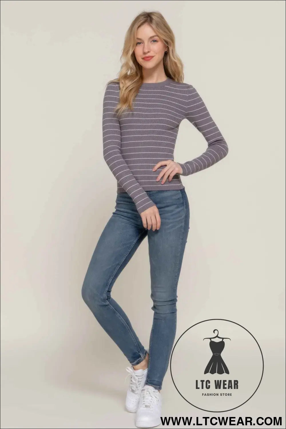 Long slv crew neck stripe sweater