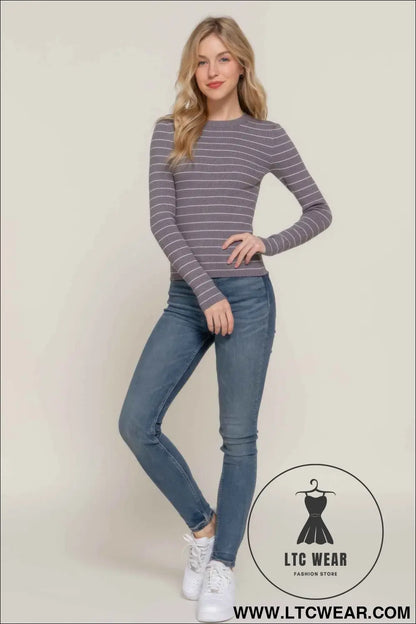 Long slv crew neck stripe sweater