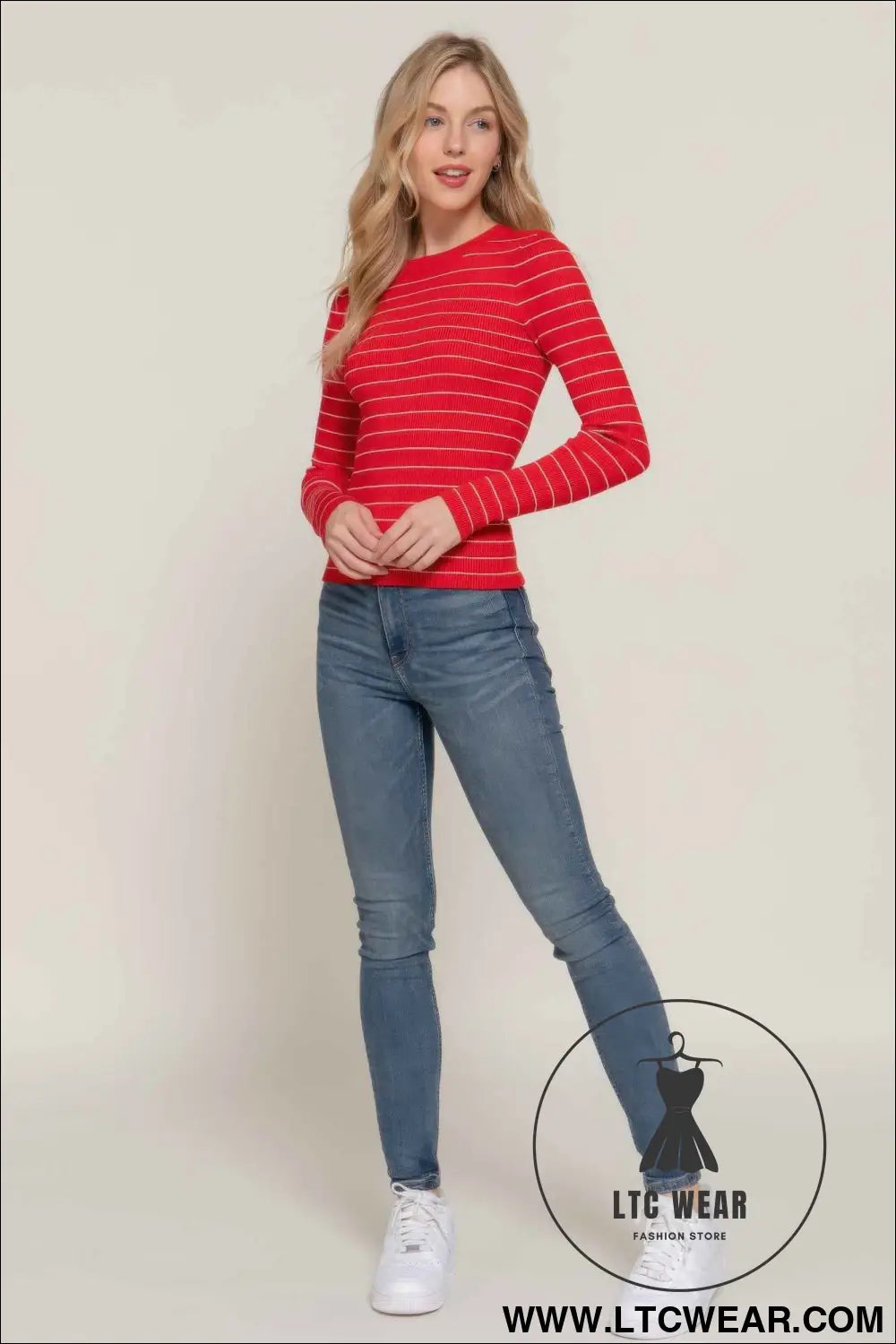 Long slv crew neck stripe sweater