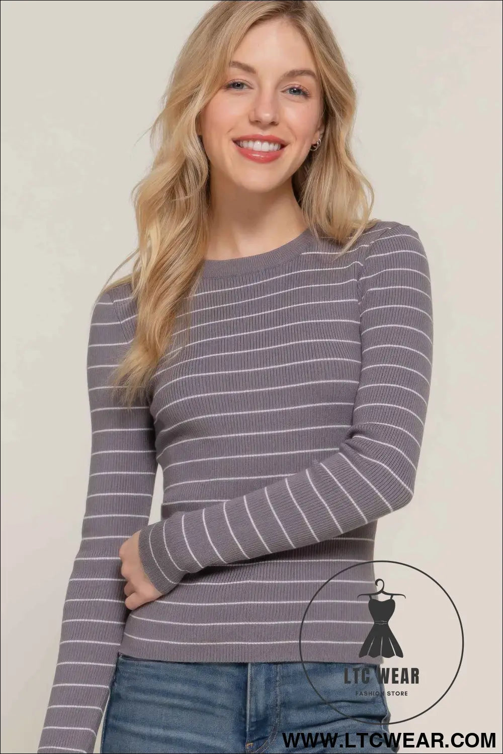 Long slv crew neck stripe sweater