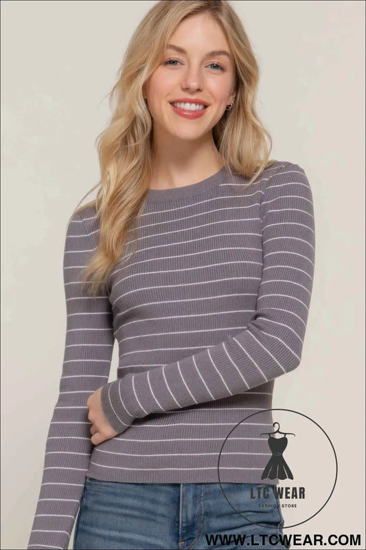 Long slv crew neck stripe sweater