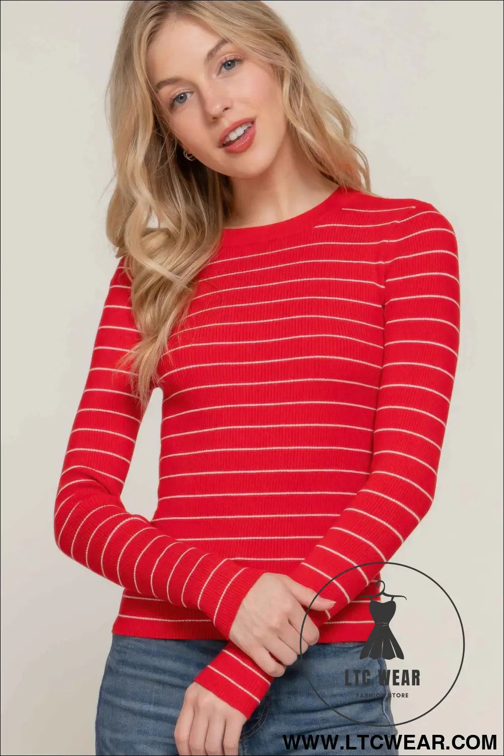 Long slv crew neck stripe sweater