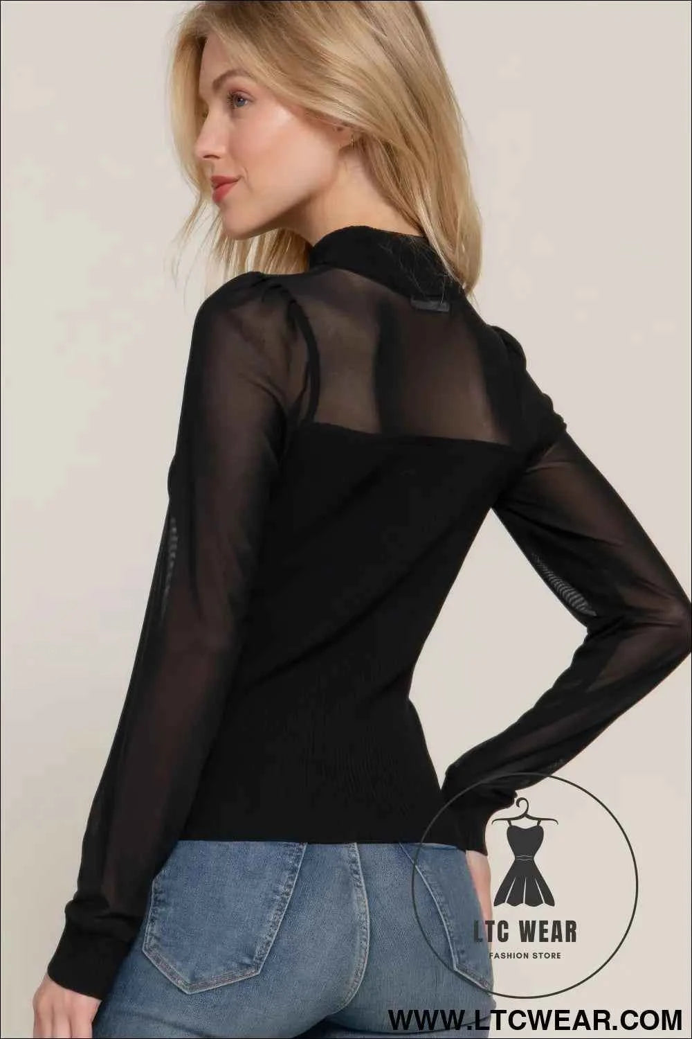 Long Slv Mesh Panel Detail Sweater Top