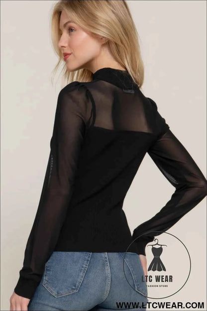Long Slv Mesh Panel Detail Sweater Top