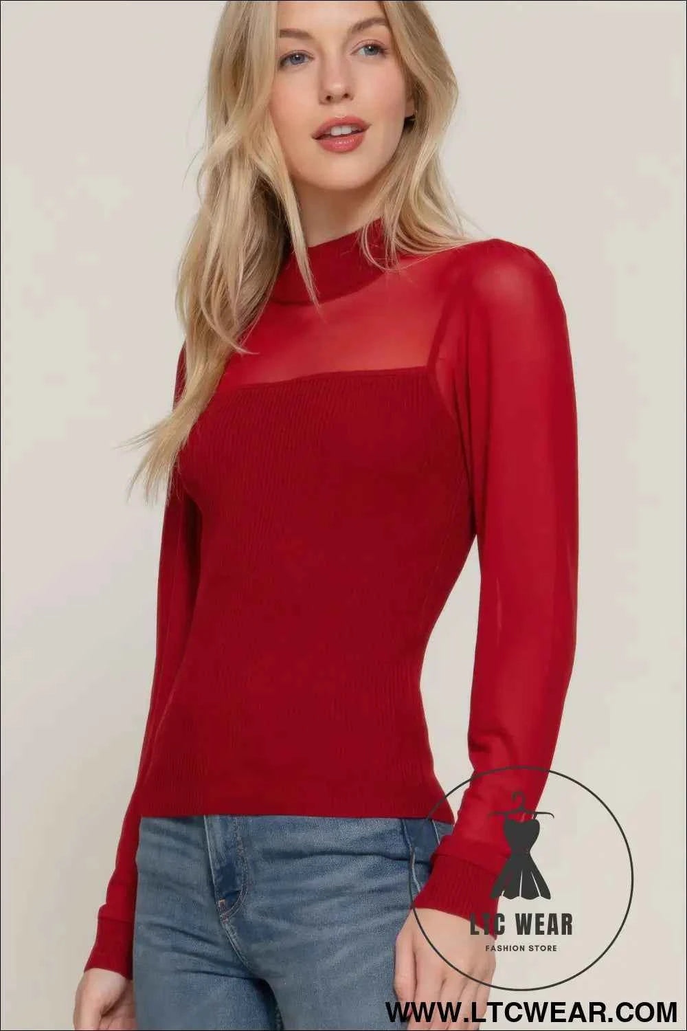 Long Slv Mesh Panel Detail Sweater Top