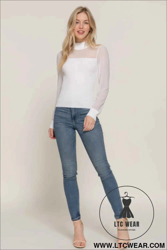 Long Slv Mesh Panel Detail Sweater Top