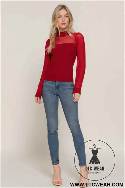Long Slv Mesh Panel Detail Sweater Top