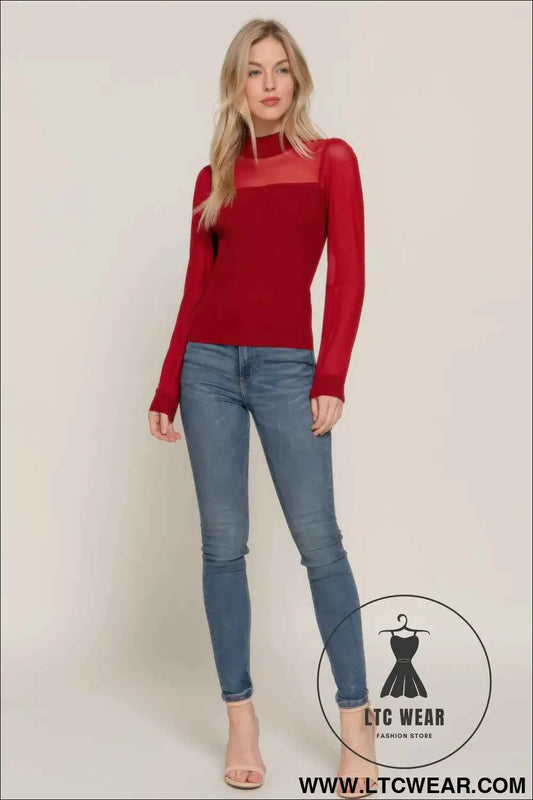 Long Slv Mesh Panel Detail Sweater Top