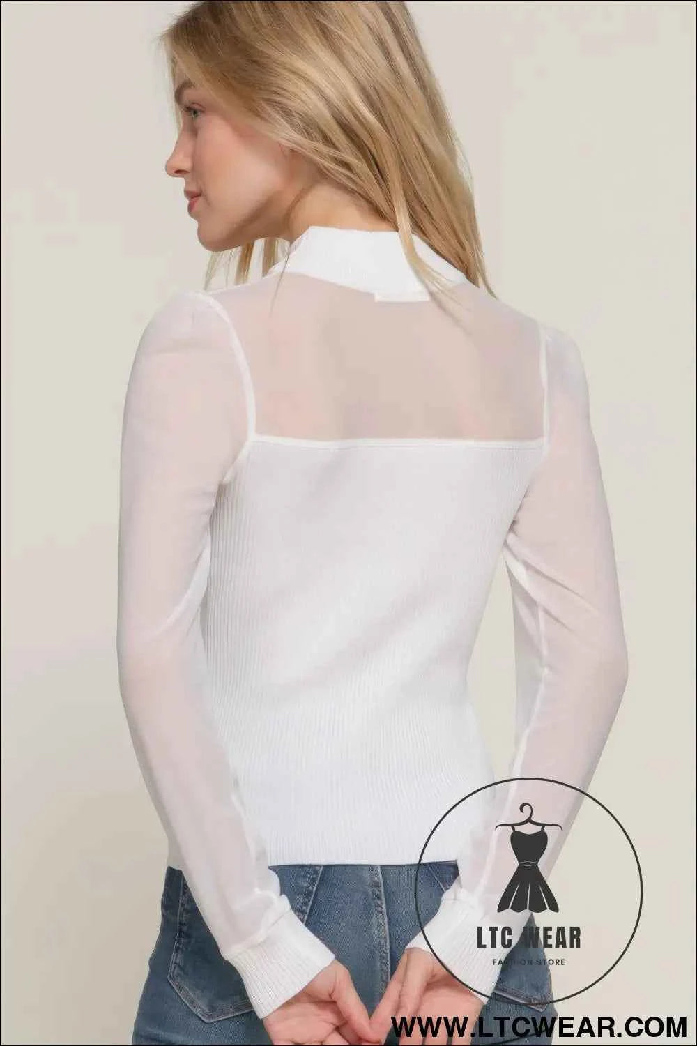 Long Slv Mesh Panel Detail Sweater Top