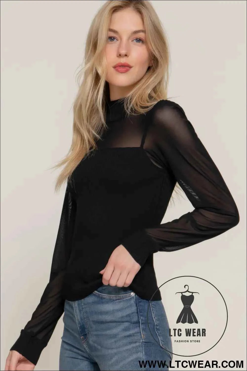 Long Slv Mesh Panel Detail Sweater Top