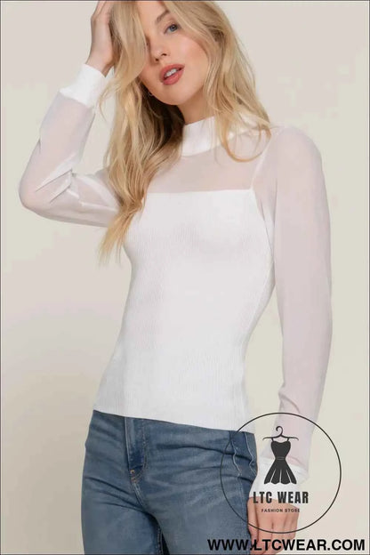 Long Slv Mesh Panel Detail Sweater Top