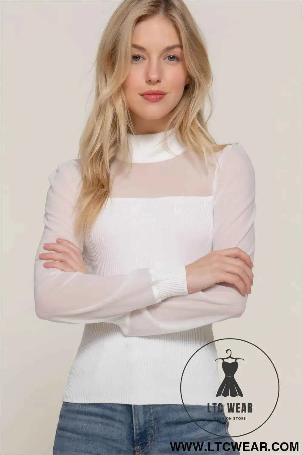 Long Slv Mesh Panel Detail Sweater Top