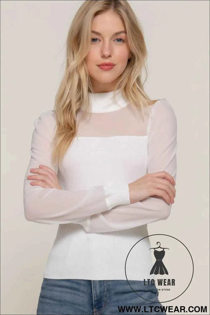 Long Slv Mesh Panel Detail Sweater Top